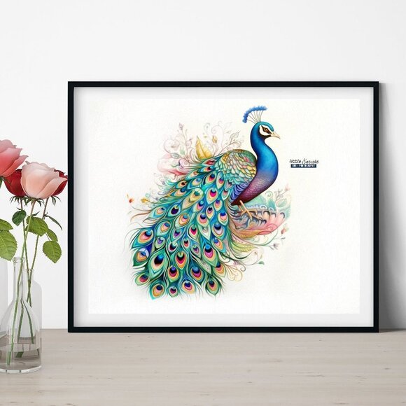 11x14 Peacock Bird Watercolor Oil Painting Fantasy Art Print - Picture 2 of 7